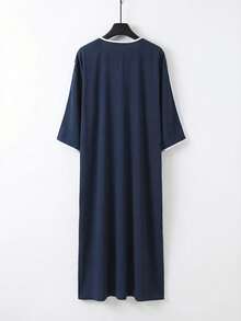 Islamic Robe Muslim Men's Clothing, Handmade Embroidered Loose Breathable Moroccan Kaftan Abaya Jalabiya Robe For Men - Navy Blue - View 2