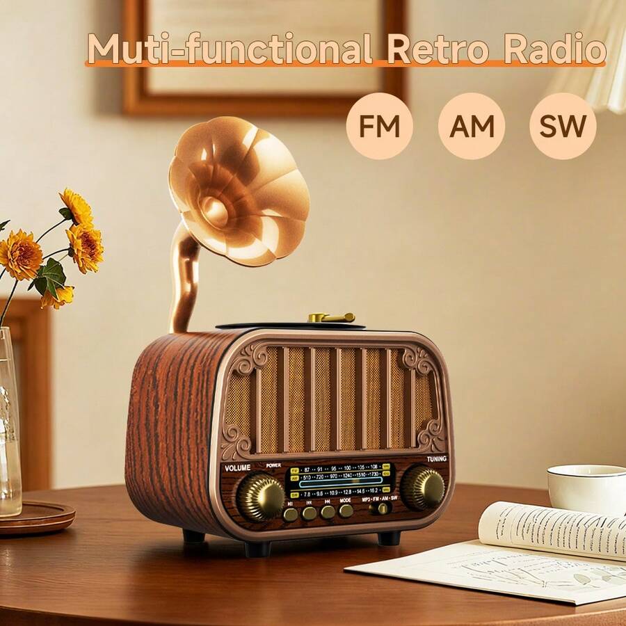 复古便携式收音机，AM/FM/SW 多频段，USB 充电 + TF 卡播放，带外置天线，户外应急个人收音机，迷你 FM 接收器