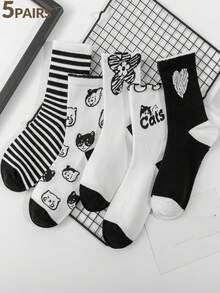 5双装猫咪花朵系列女士荷叶边泡泡嘴中筒袜，可爱卡通猫咪图案，吸湿排汗纯棉中长运动袜，适合日常和居家穿着 - 黑與白 - 查看 6