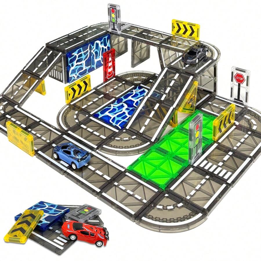 Bloques de construcción de escena de tráfico urbano con carreteras de tierra y agua transparentes de vitral (30-48 piezas con coches) - Juguete educativo y divertido para que los niños construyan redes de tierra y agua, para conducir coches - Multicolor - Ver 1