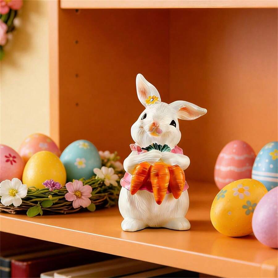Easter Bunny Ornaments Resin Holding Carrot/Egg Rabbit Figurine Desktop Decorations For Living Room Home Holiday - Pink - View 1