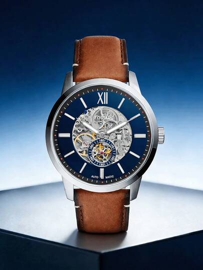 Fossil 1pc Men's Automatic Mechanical Watch, Luxury Blue Hollow Dial Exposing Gears, High-Quality Brown Genuine Leather Strap, Business Casual Self-Winding Wristwatch, Gift For Men