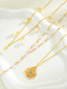 3pcs Fashionable Minimalist Elegant Faux Pearl & Rhinestone Y-Shaped Necklace Set, Suitable For Vacation, Party, Birthday, Daily Wear - Yellow Gold - View 7