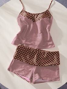 Women's Summer Beach Polka Dot & Striped Print Halter Tankini Swimwear Set Vacation - Reddish-brown - View 9