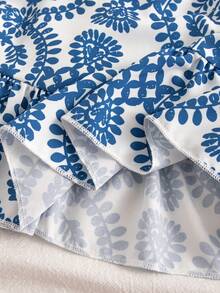 女童几何图案和热带植物印花方领花瓣袖鱼尾连衣裙 - 藍色 - 查看 8