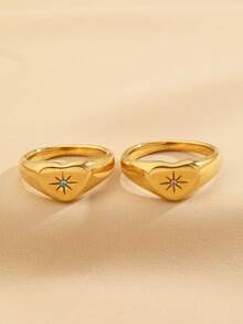 2pcs Stainless Steel Luxury Gold Heart-Shaped Casting Ring Set, Inlaid With Pink And Blue Rhinestones, Suitable For Women's Daily Wear Or As A Gift - Yellow Gold - View 3