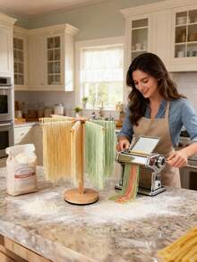 9Pcs Wooden Pasta Making Kit With 3 Size Threaded Rolling Pins, Long Rolling Pin, Rotatable Pasta Drying Rack, Gnocchi Board, Dough Cutter, Wheel Cutter, 2 Stamps - View 2