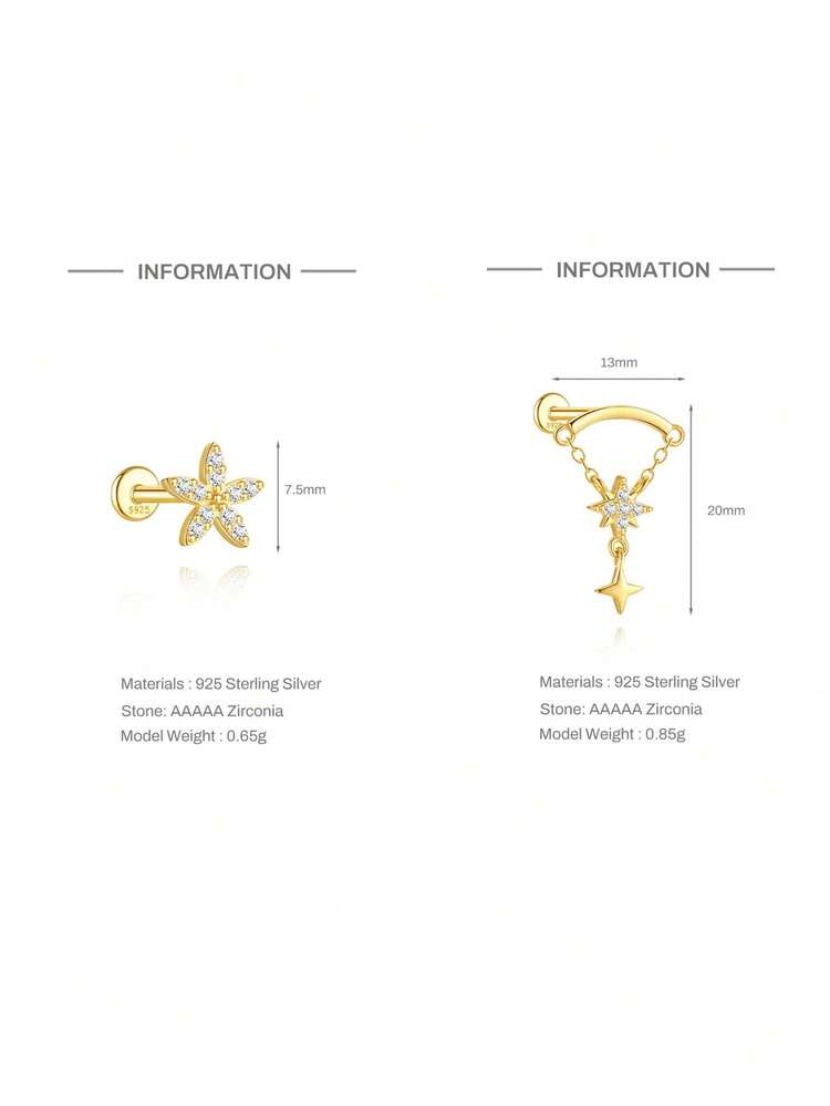 EleRunis 1件 925纯银心形星月莲花平底耳骨耳钉，适合日常佩戴、婚礼、派对、订婚、周年纪念、情人节等场合。 - 金色 - 查看 10