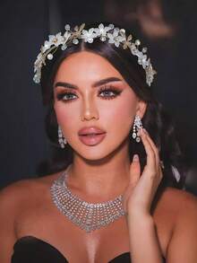 1件闪亮水晶珍珠花朵发箍，时尚蜻蜓造型合金光环头饰，适合新娘、婚礼、节日、派对、生日、日常穿着 - 金色 - 查看 2