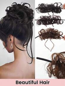 Búi tóc giả kiểu Chignon rối, xoăn tự quấn, hình rồng Ehiskers, băng đô cài tóc, dây chun buộc tóc, phụ kiện tóc giả cho nữ, kẹp tóc màu đen nâu. - Nhiều màu - Xem 2