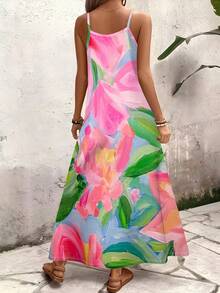 A Piece Of Artistic Impression Knitted Fabric With Soft Skin-Friendly Texture, Women's V-Neck Spaghetti Strap Maxi Dress, Suitable For Summer Gifting And Personal Use, Colorful Ink Floral Print V-Neck Spaghetti Strap Maxi Dress - 彩色 - 查看 4