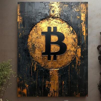 1pc Framed Bitcoin Wall Art - 12x16 Inch Bold Black & Golden Cryptocurrency Print With Bitcoin, Wood Frame Suitable For Office, Cave, Crypto Trader Den - Perfect Gift For Bitcoin Investors & Traders, 2D Flat