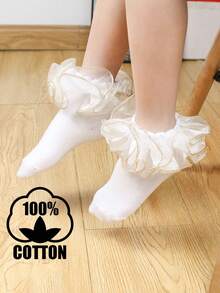 1 Pair Girls' Cotton Solid Color Fashion Gold Lace Princess Dance Ankle Socks - White - View 2