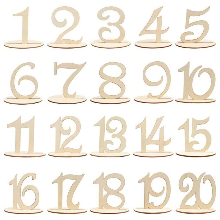 1-20 Wooden Table Number Placards With Stands, Creative Numeric Design, Wedding Ceremony Seating Card, Party Dining Table Number Decor - log color - View 1