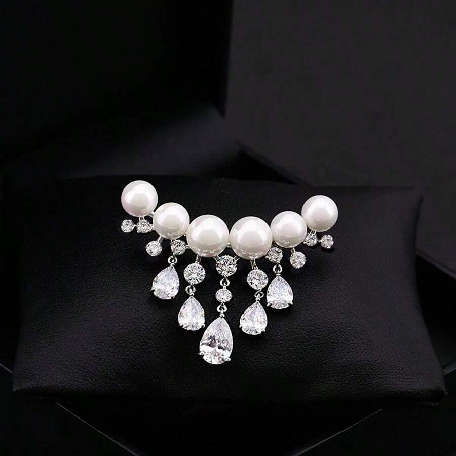 1pc Arch-Shaped Faux Pearl Tassel Brooch Accessory For Clothing - Silver - View 1