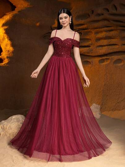 ALISA&LEO Vestido de noche de línea A brillante - Con escote corazón descubierto de los hombros, falda transparente y Body ajustado con lentejuelas. Adecuado para baile de graduación, invitado de boda, cenas formales y celebraciones de lujo.