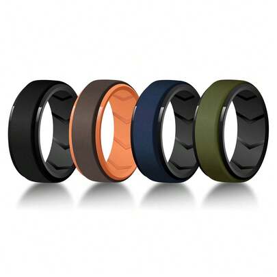 4 Packs Breathable Silicone Rings For Men, US Size 7-15, 8mm Wide Flexible Rubber Wedding Bands For Him, Comfort Fit Sport Finger Rings, Active Lifestyle Jewelry