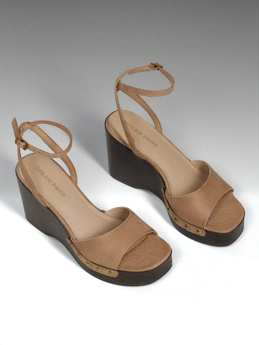 Women's Heeled Sandals Dressy 3.94-InchPlatform Square-Toe Ankle Buckle Studded Fashion Elegant Sandals For Outdoor Spring/Summer Shoes - Khaki - View 1