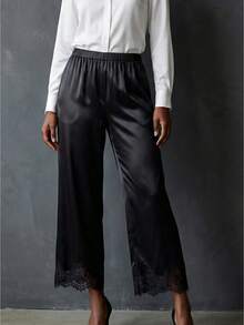 Women Satin Silk Lace Trim Pants Elastic Waist Y2k Wide Leg Lounge Pajama Bottoms Causal Going Out Trousers - 黑色 - 查看 5