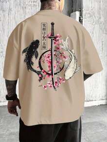 Unisex Japanese Style T-Shirt | Black And White Cherry Blossom And Koi Carp With Samurai Sword Design | Casual Loose Fit, Crew Neck, Comfortable Fabric, Ideal For Spring And Summer - 卡其色 - 查看 2
