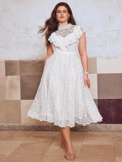 Simplee Plus Size Women's Summer New Elegant Sleeveless Long White Dress, Lace Ruffle Trim, Vintage Full Skirt, Suitable For Wedding, Birthday Party, Date, Vacation