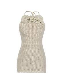 ii Vestido de playa informal con cuello de corbata, decoración floral calada, para vacaciones de verano - Albaricoque - Ver 8