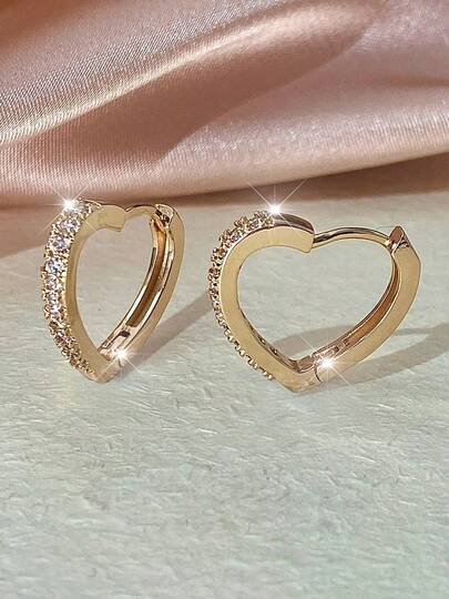 1 par de pendientes con forma de corazón completamente cubiertos de diamante de imitación, pendientes versátiles y delicados para uso diario con un elegante y lujoso acabado