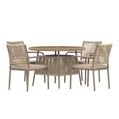 Modern Rattan Garden Furniture Set, Round Glass Table + 4 Armchairs, Iron Frame, Suitable For Patio/Balcony/Terrace