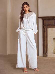 Simplee Women's Autumn New French Elegant Chiffon & Contrast Lace Top And Lace Wide Leg Pants 2 Pieces Set, Elastic Waist White - White - View 6
