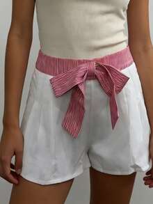 Women Loose Fit Shorts Fashionable Bow Decorated High Waist Zipper Closure Mini Shorts For Beach Daily Wear - White - View 4