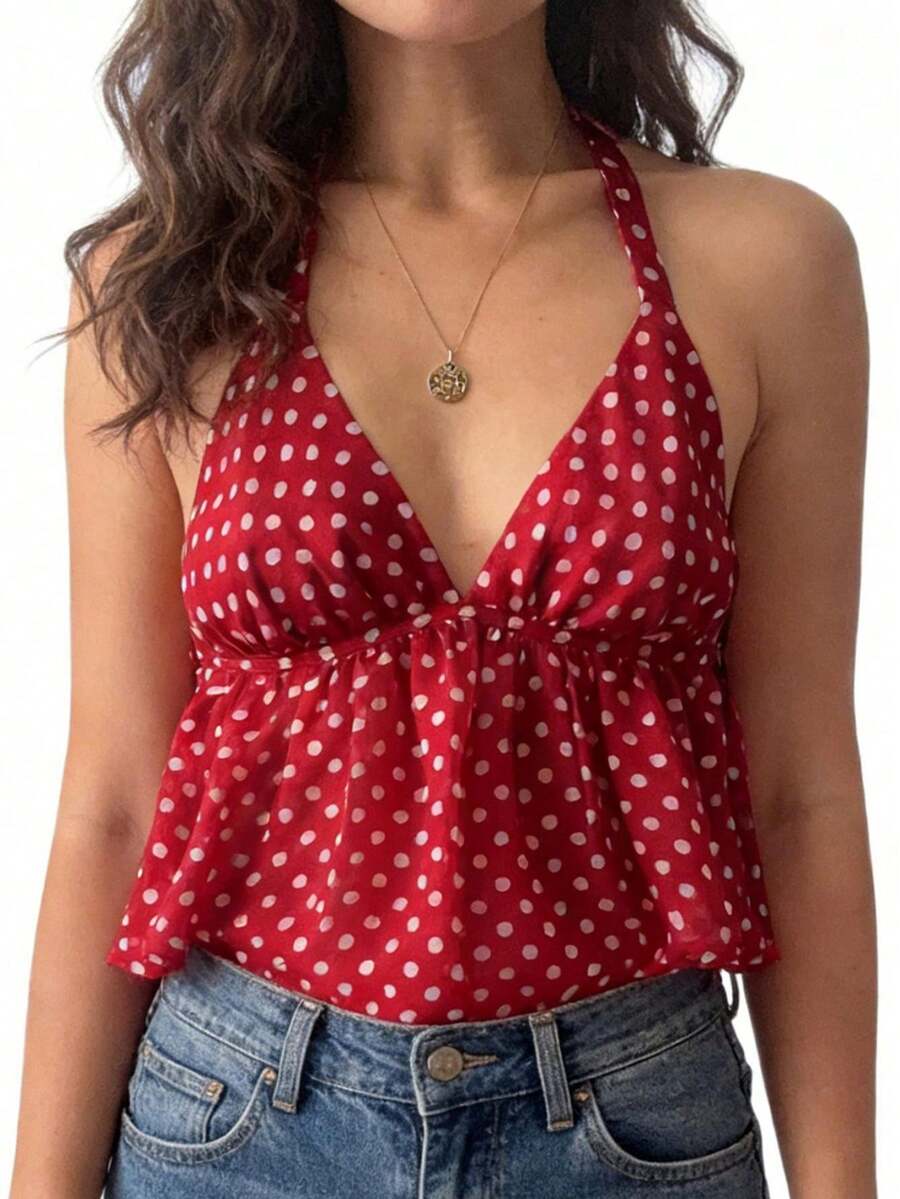 Women Polka Dot Bow Tie Halter Tank Top Y2k Deep V Neck Ruffle Hem Backless Ruched Babydoll Cami Peplum Shirt - Đỏ - Xem 1