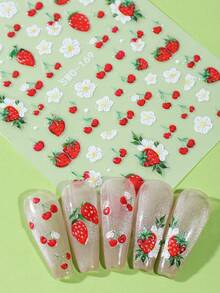 2 piezas Pegatinas 3D de verano con estampado de fresas dulces y margaritas, pegatinas de arte de uñas con diseños de fresas, mariquitas, hojas y enredaderas, suministros de manualidades adhesivos DIY - Multicolor - Ver 9