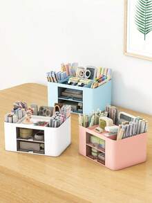 1 pieza Organizador de escritorio multifuncional con 2 cajones para oficina, tocador y escritorio escolar - Solución de almacenamiento ahorradora de espacio para documentos, papelería, cosméticos, accesorios y gadgets; Organizador de escritorio versátil para oficina en casa, tocador, escritorio de estudio y espacio de trabajo creativo, accesorio de organización elegante y ordenado para habitaciones modernas - Ver 6