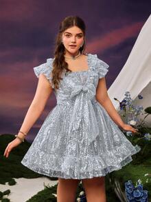Faeriesty Elegant Sparkling Short Sleeve Dress With V-Neck, Ruffled Collar, Oversized Bow Detail For Wedding Photoshoot, Garden Ceremony, Outdoor Engagement - Silver - View 7