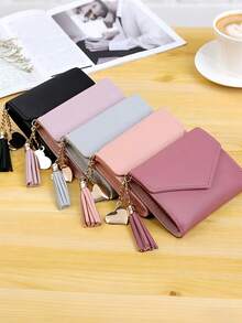 Tassel Pendant Decor Wallet Trifold Slim Card Holder Wallet With 1 ID Window 6 Slots 1 Cash Grid Card Holder Multi-Function Wallet Women Short Wallet Fold Coin Purse Purse Flap Card Case Envelope Bag For Travel Vacation Outdoor Travel Essentials - A - View 2