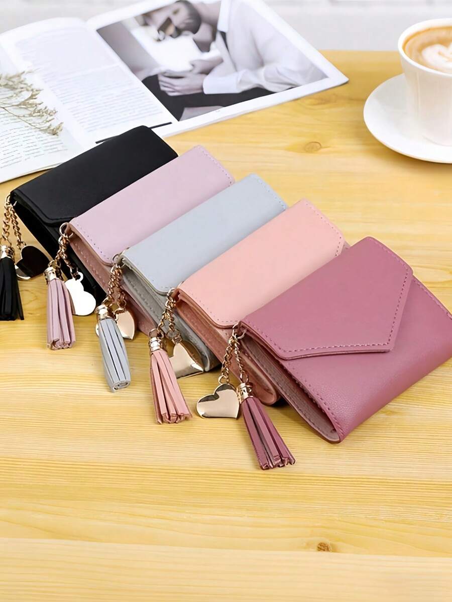 Tassel Pendant Decor Wallet Trifold Slim Card Holder Wallet With 1 ID Window 6 Slots 1 Cash Grid Card Holder Multi-Function Wallet Women Short Wallet Fold Coin Purse Purse Flap Card Case Envelope Bag For Travel Vacation Outdoor Travel Essentials