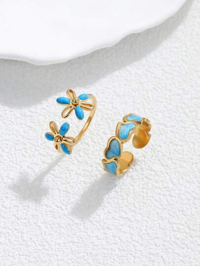 2pcs Stainless Steel Women's Fashion Minimalist Blue Enamel Flower Ring Set, Suitable For Daily Wear Or Gift