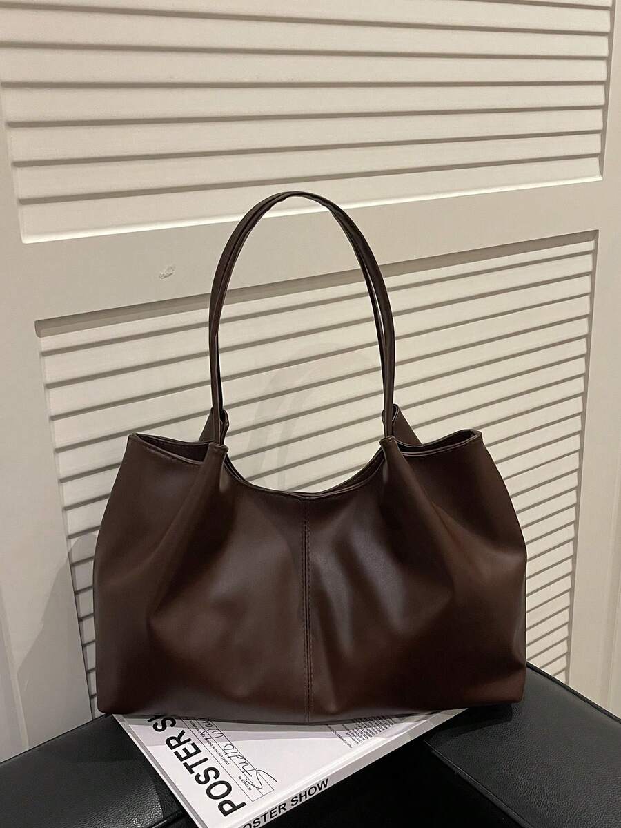 新款柔软皮革大容量手提包，适合课堂通勤，独特设计单肩腋下包 - 咖啡棕 - 查看 1