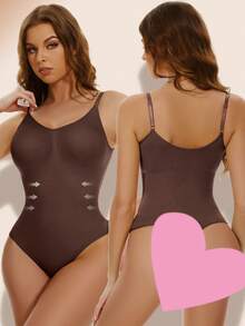 Women's Smooth Shapewear Slimming Bodysuit Tummy Control Body Shaper Jumpsuit With High Cut Thong, Flat Belly Sheath Design, Sculpting Waist Trainer Body Suit, Snatched Fit Plus Size Tops - 棕色 - 查看 7