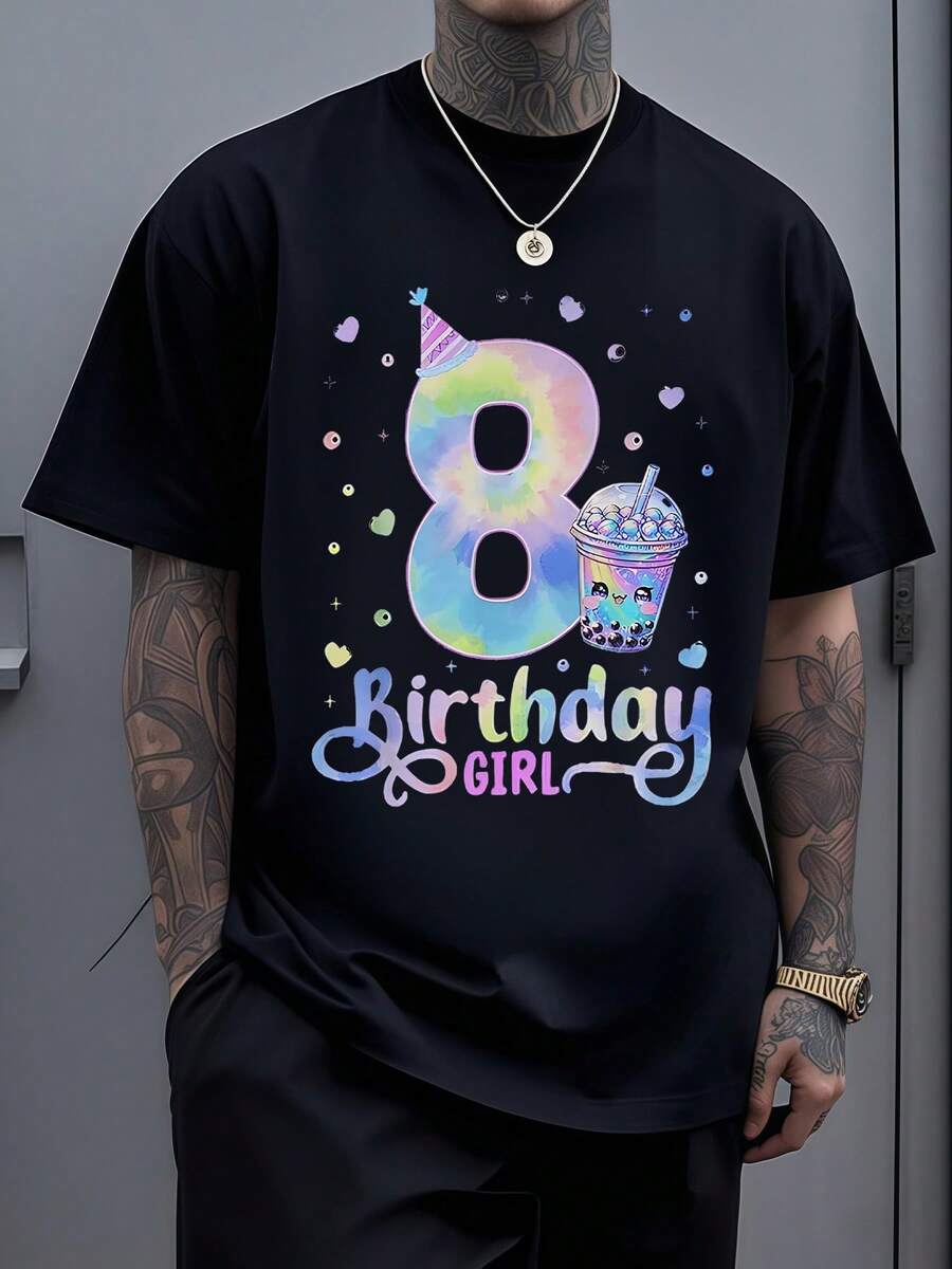 Número ocho grande con colores pastel símbolo de alegría y celebración acompa?ado de un batido decorado con perlas y corazones que transmite energía positiva para una ocasión festiva camiseta de hombre moderna y cómoda para fiestas de cumplea?os - Negro - Ver 1