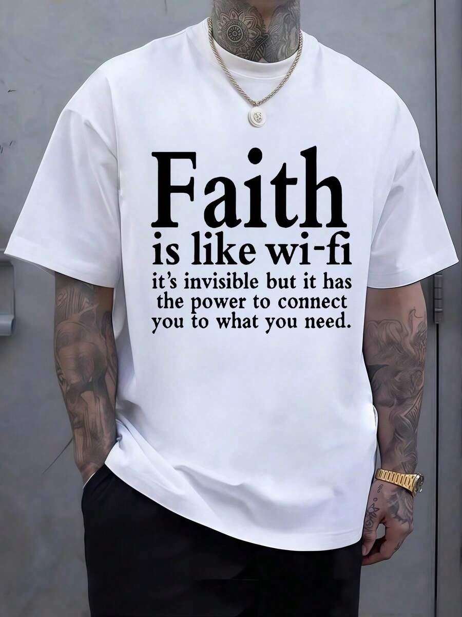 Frase sobre la fe comparada con la conexión invisible del wifi que simboliza la energía espiritual que une a las personas con sus metas y crea una sensación de confianza interior camiseta de hombre cómoda moderna de manga corta blanca - Blanco - Ver 1