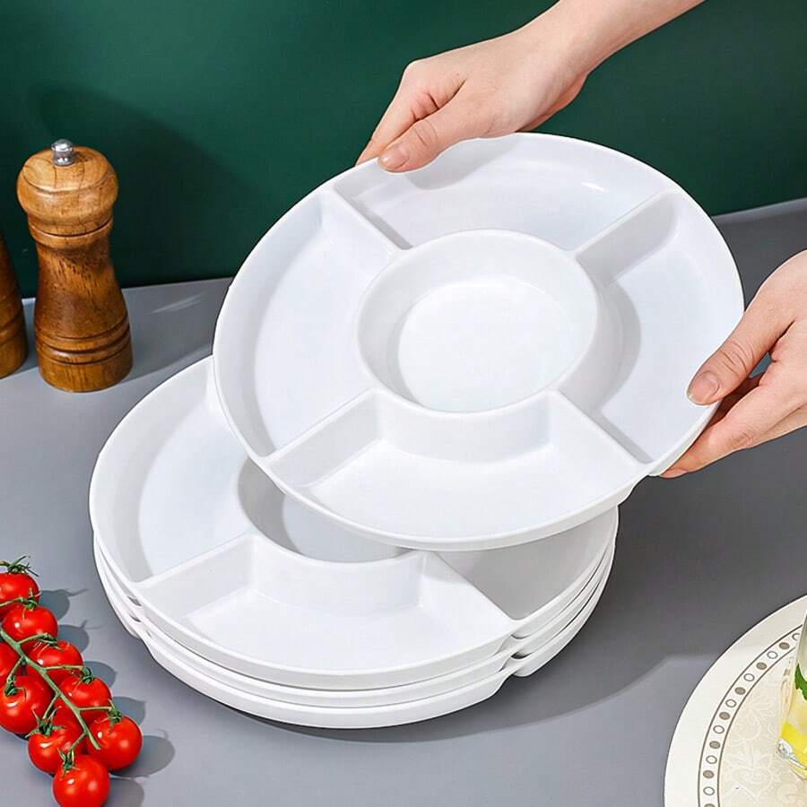 10英寸圆形白色分隔式餐盘，加厚五格开胃菜盘，水果、糖果、零食、甜点、沙拉盘 - 白色 - 查看 1