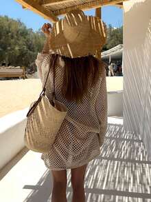 2026新款纯色针织沙滩裙，女士时尚夏季性感镂空长袖沙滩迷你裙泳衣罩衫，波西米亚风度假宽松沙滩装，海边度假泳装罩衫 - 卡其色 - 查看 5