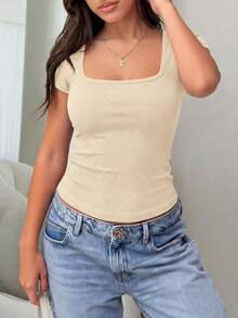Women Summer Square Neck Short Sleeve Fitted Ribbed Knit T-Shirt Spring Basic Going Out Workout Y2k Shirt Tops Outfits - 米色 - 查看 5