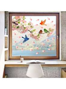 1pc Flower Branch & Bird Window Sticker, Self-Adhesive Removable Design, Creates Natural Scenery For Bedroom, Living Room Or Study, Multi-Space Natural Style Window Decor Set, Unifies Visual Effect For Home Or Office Glass, Instantly Brightens Sunny Window View, Easily Adds Joyful Natural Ambiance In Sunlight - Birds On Flowers - View 5