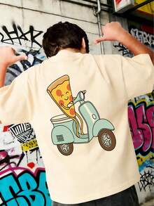 Tween Boy Riding Pizza Cartoon Print T-Shirt, Soft And Comfortable Fabric, Suitable For Boys Outdoor Sports, Casual Wear, Street Style, Campus Style, Fashionable Tween Boys Spring/Summer Casual Versatile Top - Apricot - View 3