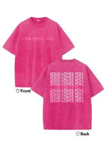 Summer Tops2026Heavyweight Washed T-Shirt - Jesus Loves You Religious Graphic T-Shirt, Pink-Green Background With Pink Letter Double-Sided Print - Christian Attire, Crew Neck Top, Suitable For Church, Casual Wear, Or As A Giftsummer Clothes - 玫紅色 - 查看 9