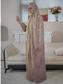 New Comfortable Breathable Fashion Printed Loose Prayer Robe With Attached Scarf Dress Vacation Spring - Apricot - View 6