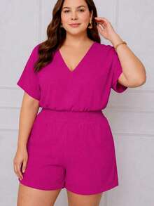 Stylish Short Jumpsuit With Comfortable Back Tie - Rose Red - View 3