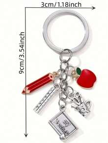 1 pieza Llavero conmemorativo del Día del Maestro con manzana roja, lápiz, paleta, regla, portaplumas - Plateado - Ver 2